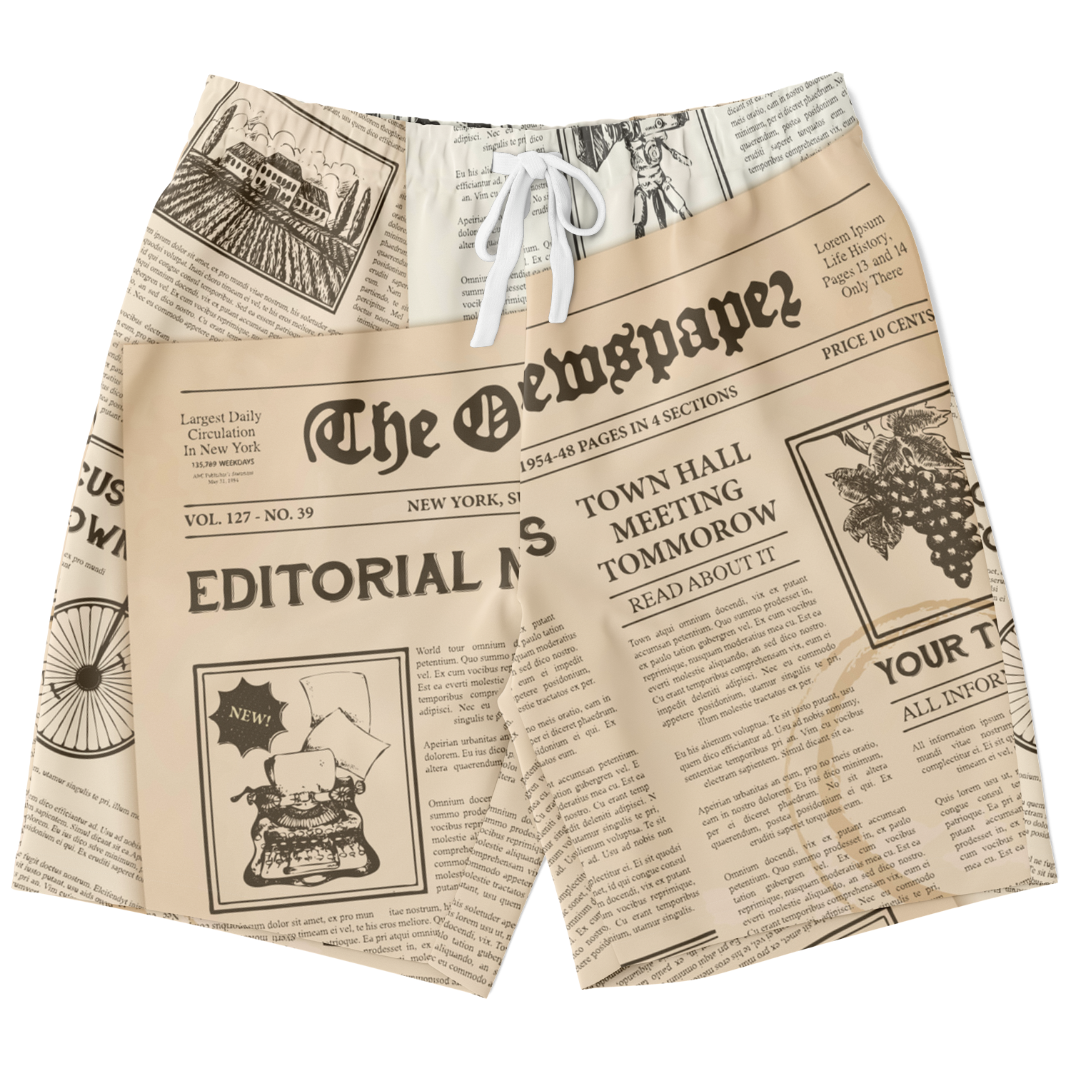 knee length shorts,
lounge shorts,
newspaper print,
trendy wear,
men's short