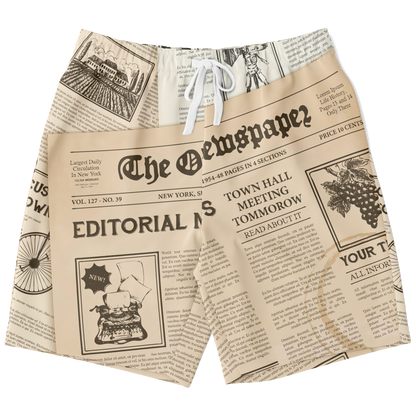 knee length shorts,
lounge shorts,
newspaper print,
trendy wear,
men's short