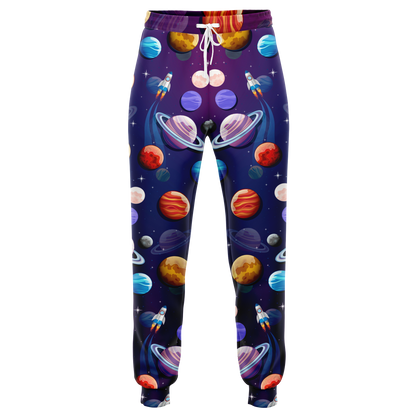 Planet Pop Joggers  Front view with a playful cosmic design in bold colors