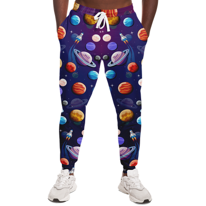 Planet Pop Joggers for Men – Front view highlighting a playful space-themed print