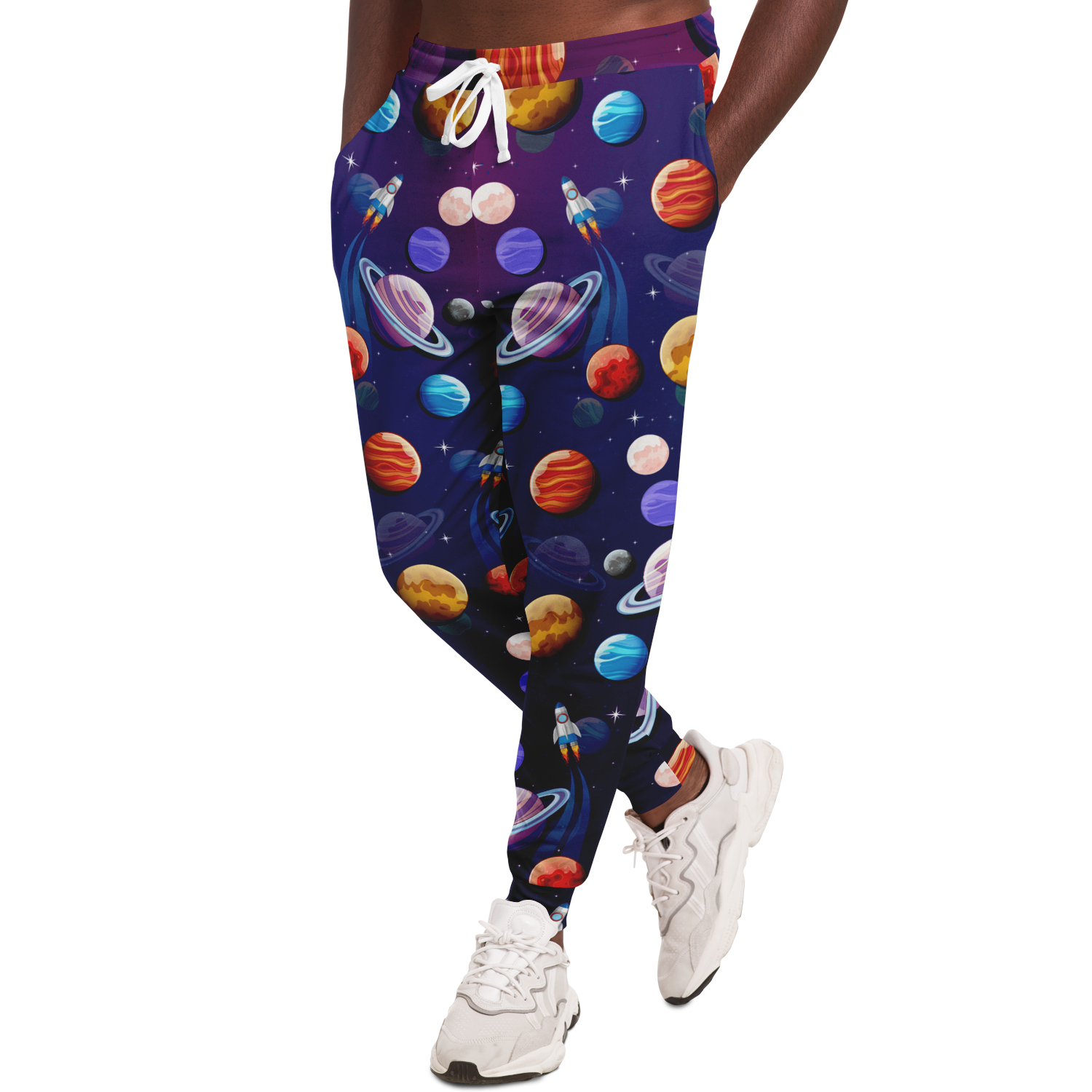 Planet Pop Joggers for Men – Angled pose showing relaxed fit and vibrant galaxy print