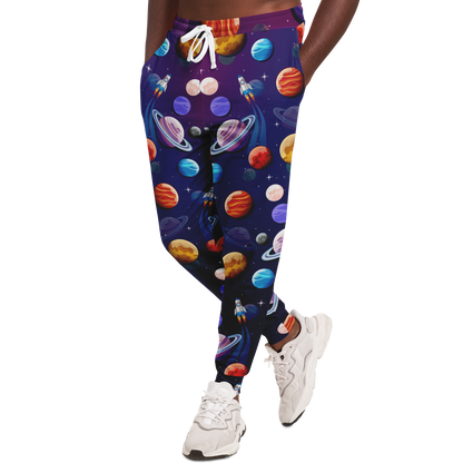 Planet Pop Joggers for Men – Angled pose showing relaxed fit and vibrant galaxy print