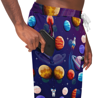  Planet Pop Joggers for Men – Model in motion showcasing comfortable fit and colorful planet design