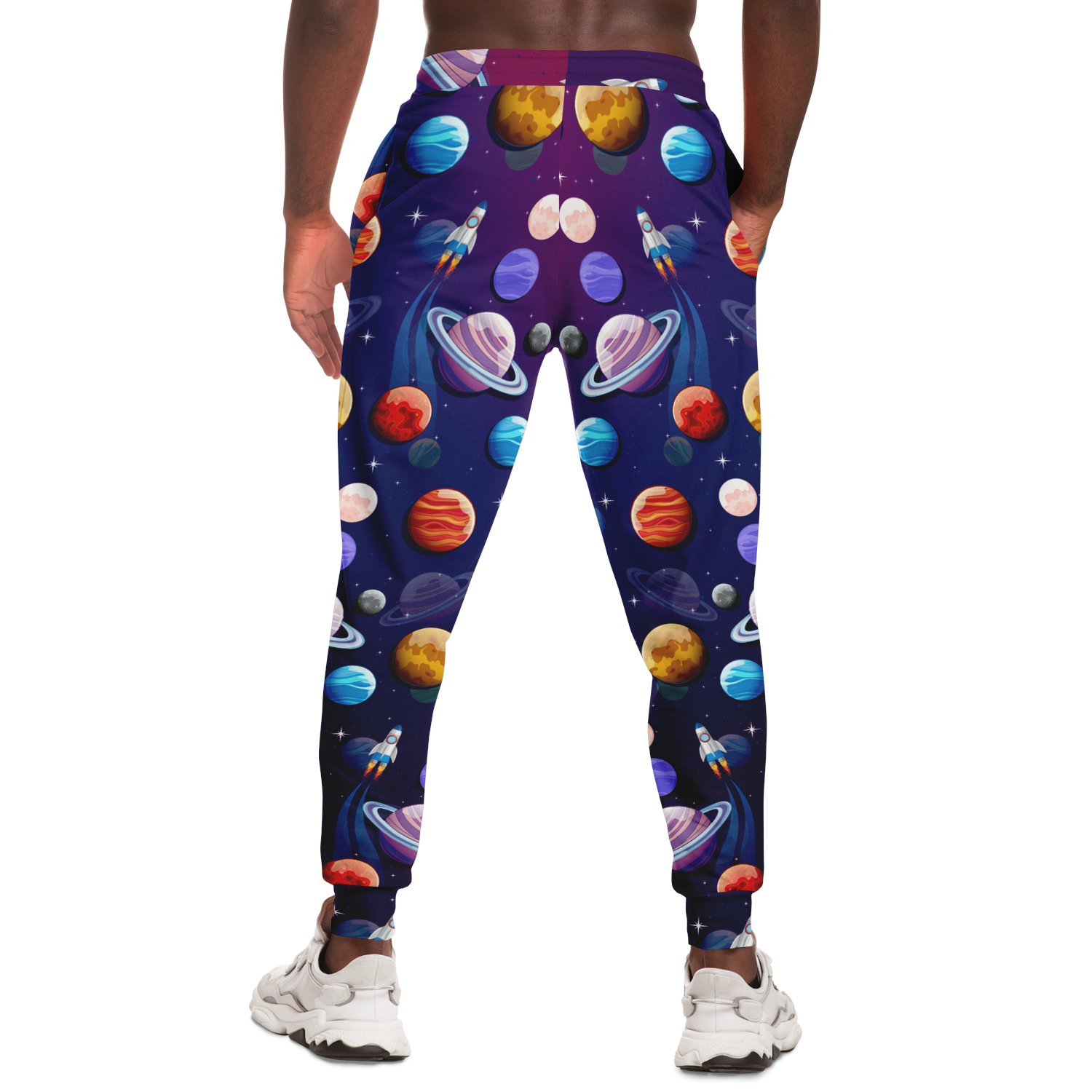 Planet Pop Joggers for Men – Back view showing a full planetary pattern across both legs
