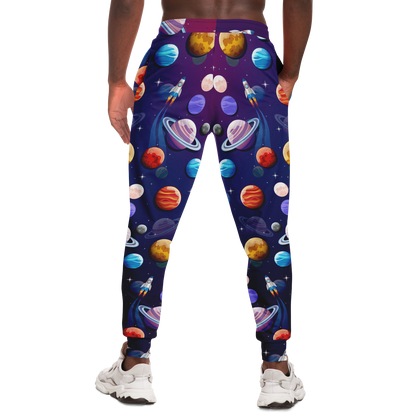 Planet Pop Joggers for Men – Back view showing a full planetary pattern across both legs