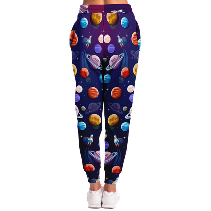 Planet Pop Joggers for Women – Back view featuring playful planetary prints in vivid cosmic hues