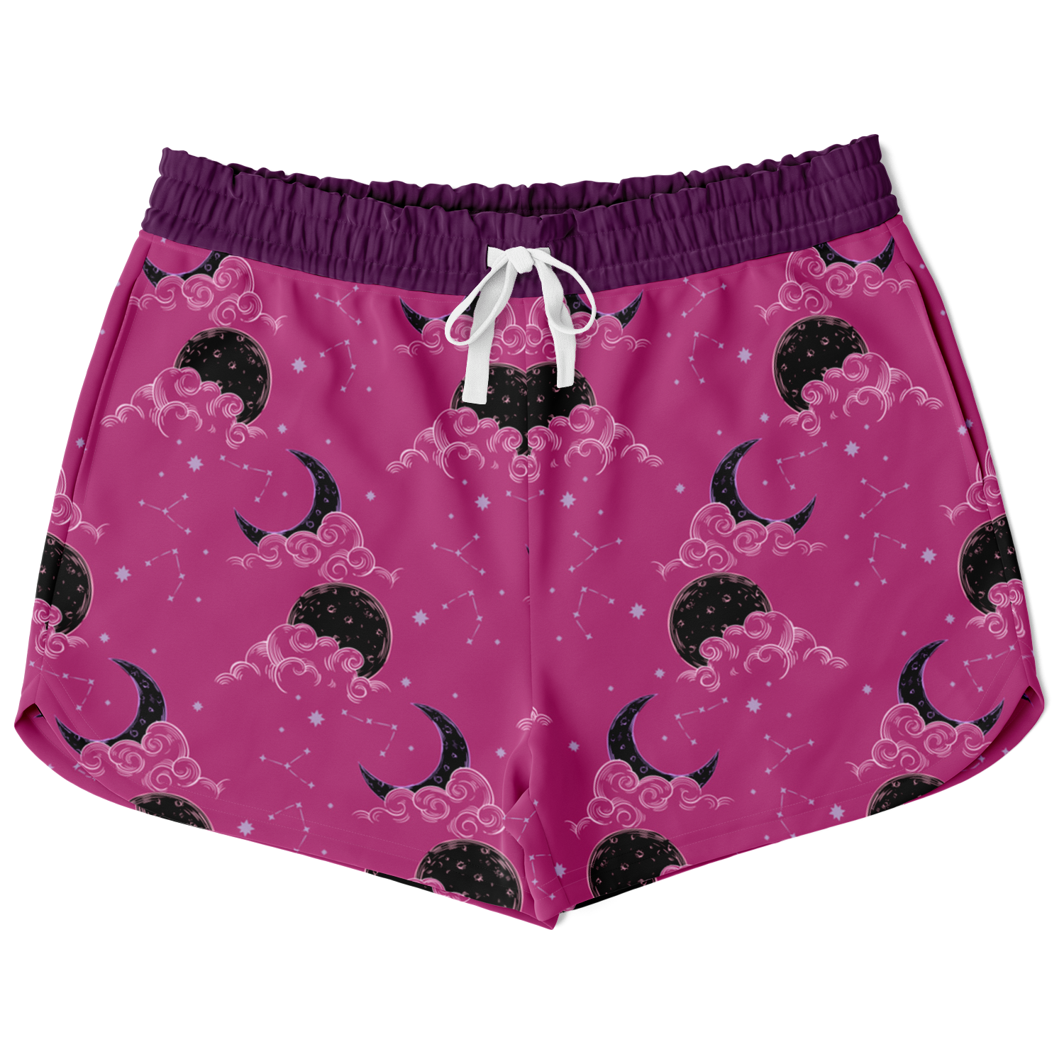 drawstring shorts,
polyester shorts,
celestial print,
women short,
purple shorts