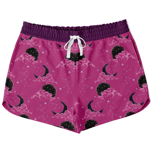 drawstring shorts,
polyester shorts,
celestial print,
women short,
purple shorts