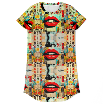 lips print dress,
colorful t-shirt dress,
wearable art dress,
unique pattern dress