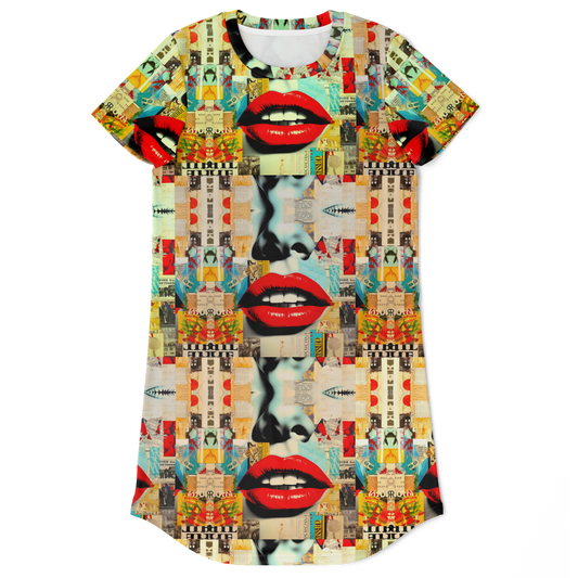 lips print dress,
colorful t-shirt dress,
wearable art dress,
unique pattern dress