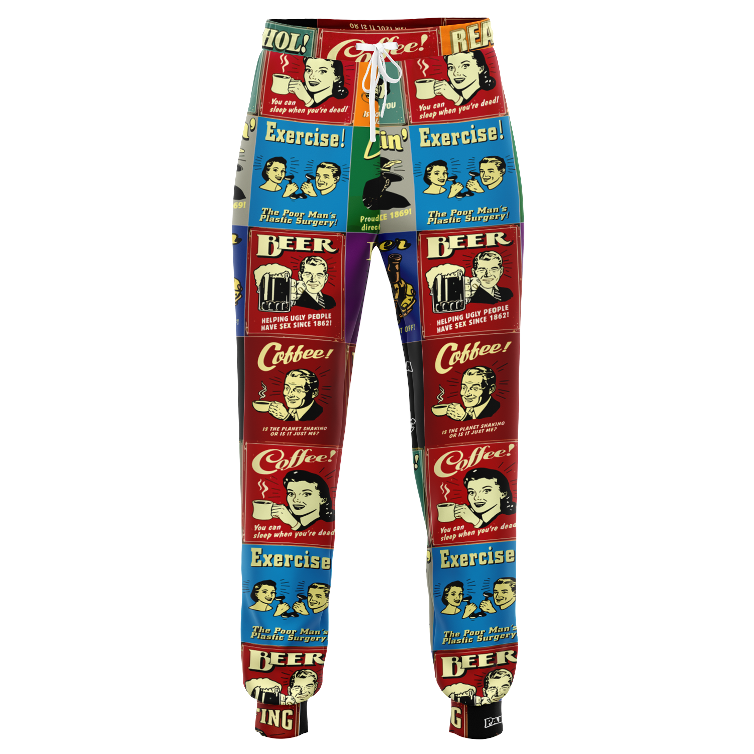  Flatlay front view of Retro Rewind joggers featuring bold vintage blocks in multiple colors