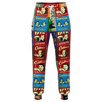  Flatlay front view of Retro Rewind joggers featuring bold vintage blocks in multiple colors