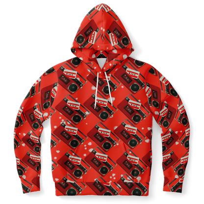 red hoodie,
retro print hoodie,
unisex hoodie,
statement hoodie,
graphic hoodie