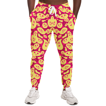 Smiley Loop Joggers – Front angled view in motion, highlighting fun design and relaxed structure