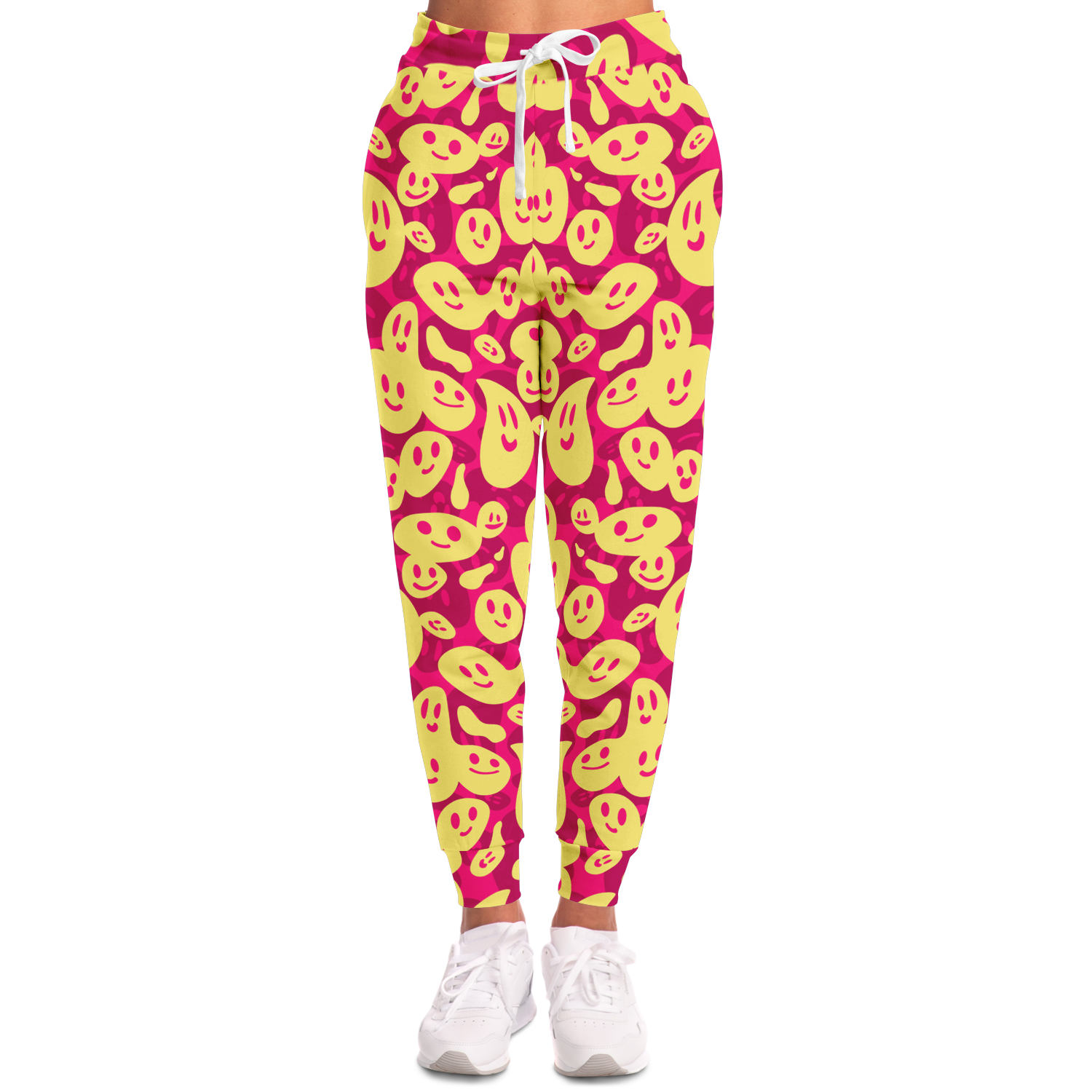 Smiley Loop Joggers – Full body back view showing tapered ankle fit and vivid print detail