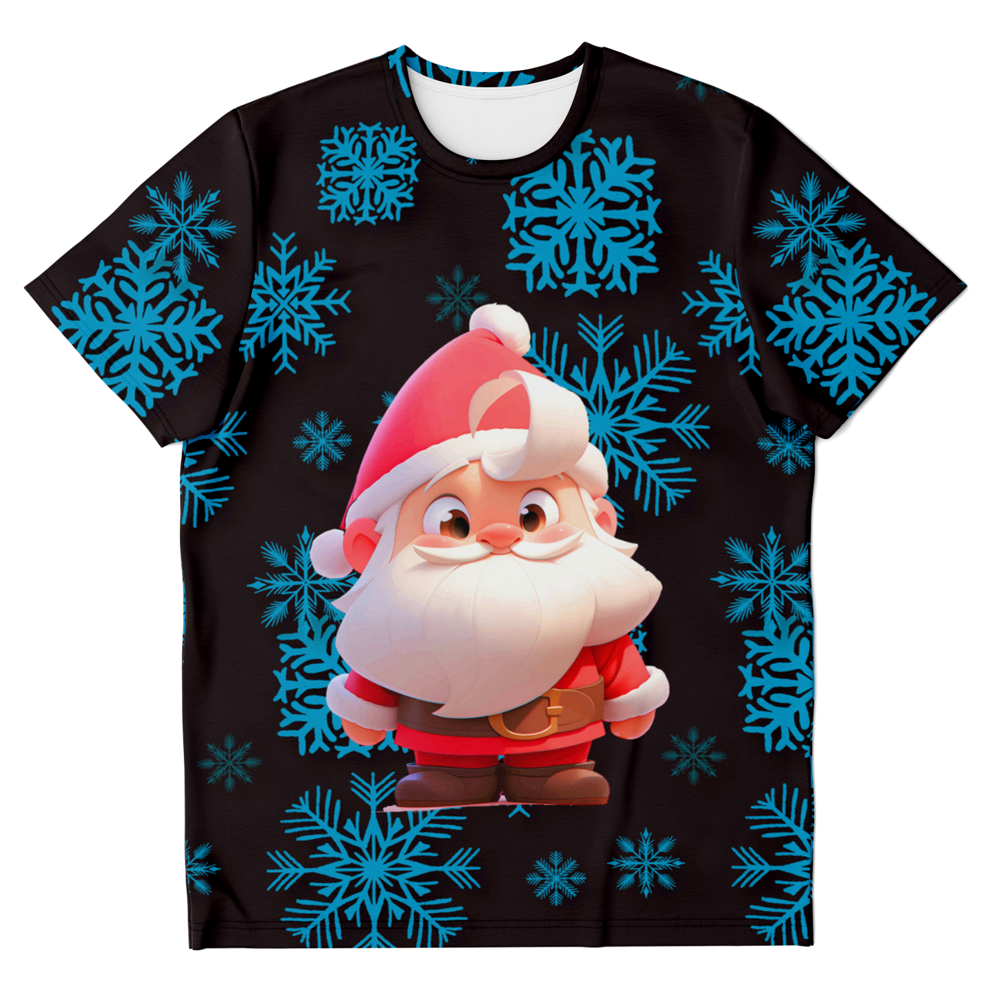 Santa Claus T-shirt – front view with jolly Santa print on black shirt with blue snowflakes