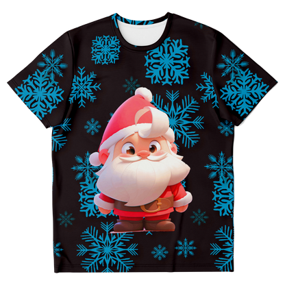 Santa Claus T-shirt – front view with jolly Santa print on black shirt with blue snowflakes