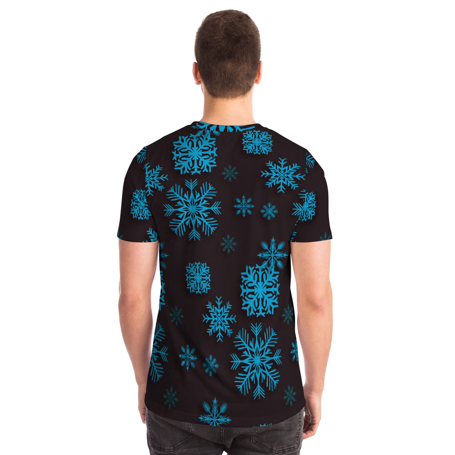 Santa Claus T-shirt – male model back view showing snowflake pattern