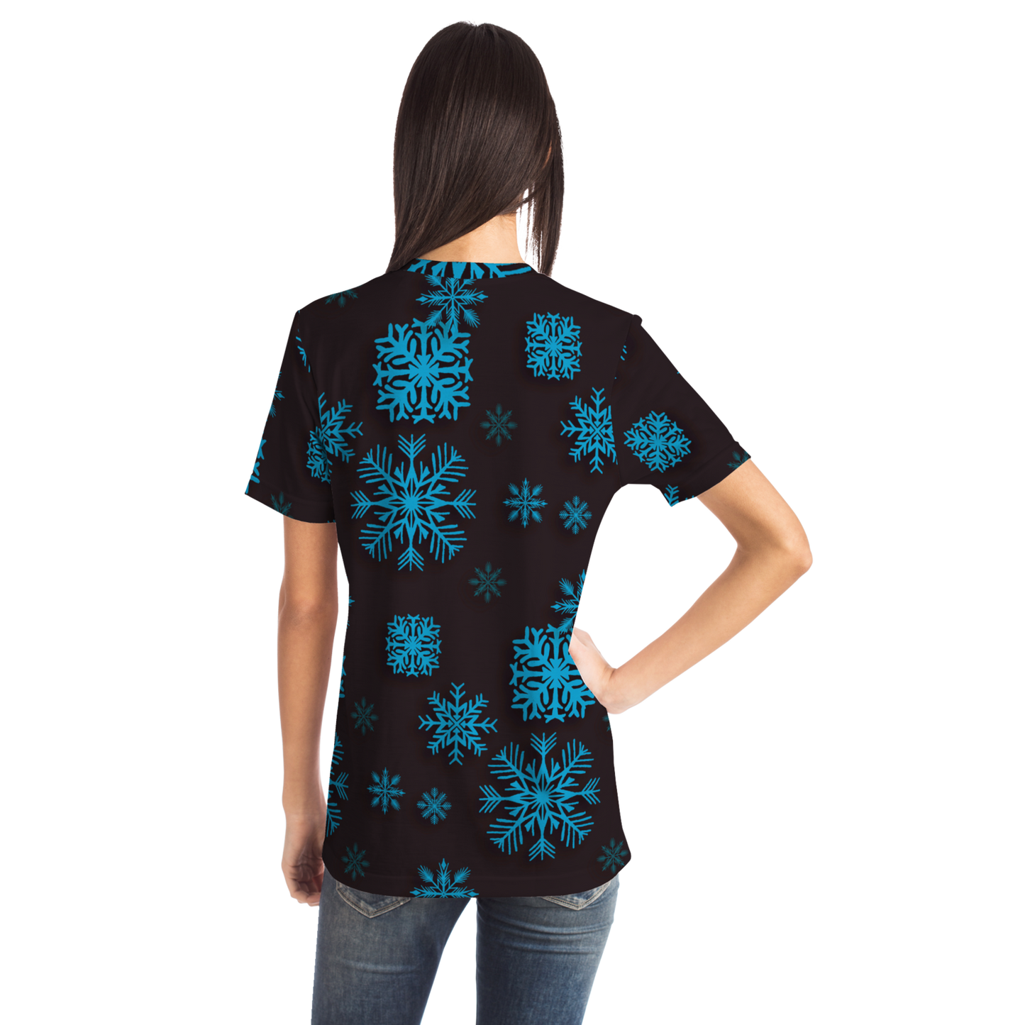 Santa Claus T-shirt – female model back view showing snowflake design