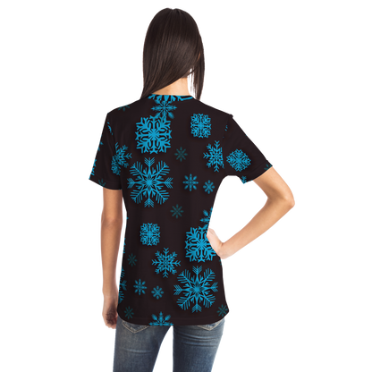 Santa Claus T-shirt – female model back view showing snowflake design