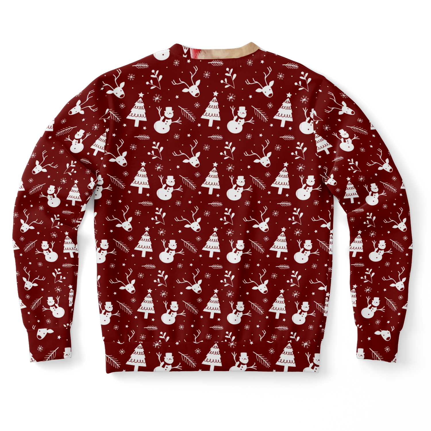 Back view of Santa Sweatshirt featuring an all-over red holiday pattern