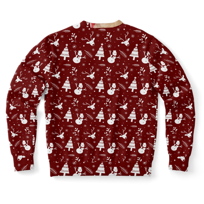 Back view of Santa Sweatshirt featuring an all-over red holiday pattern