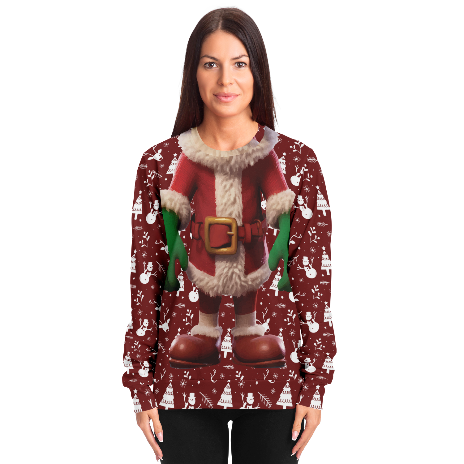 Female model wearing Santa Sweatshirt showing Santa suit print and holiday pattern