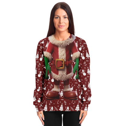 Female model wearing Santa Sweatshirt showing Santa suit print and holiday pattern