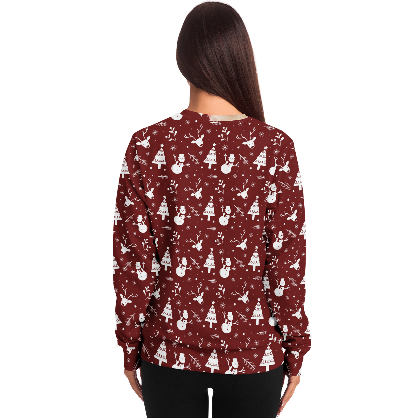  Female model back view wearing Santa Sweatshirt highlighting Christmas suit design