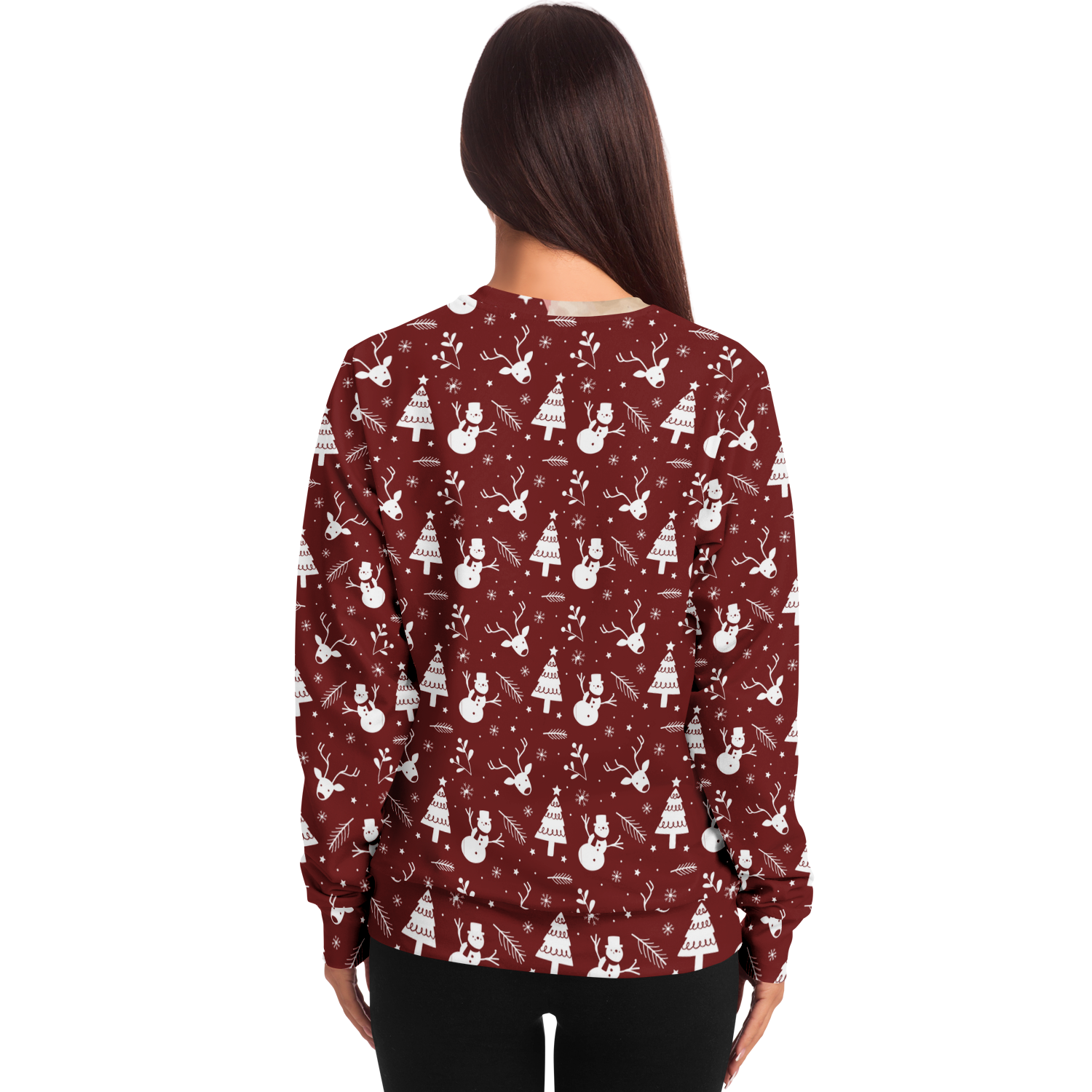  Female model back view wearing Santa Sweatshirt highlighting Christmas suit design