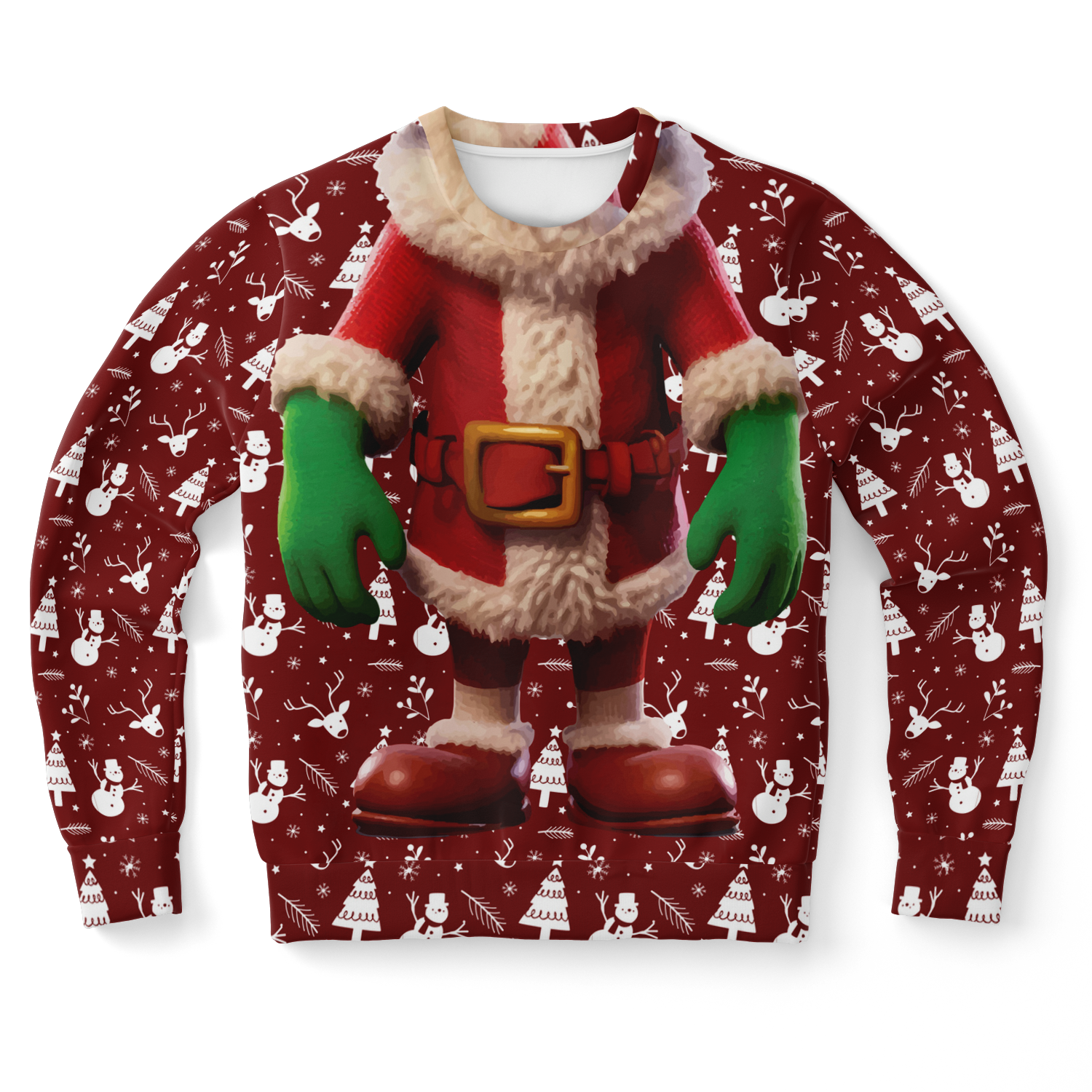 Front view of Santa Sweatshirt with a detailed Santa suit and festive pattern