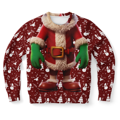 Front view of Santa Sweatshirt with a detailed Santa suit and festive pattern