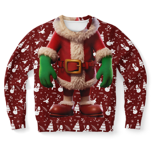 Front view of Santa Sweatshirt with a detailed Santa suit and festive pattern