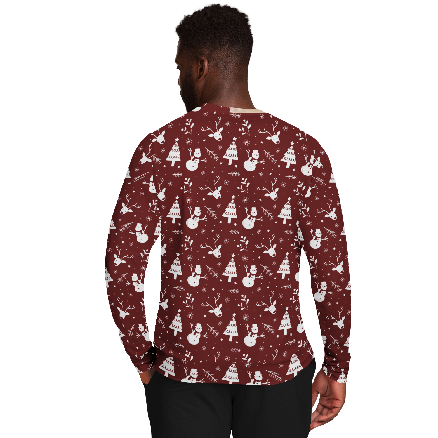 Male Model back view in Santa Sweatshirt with festive red and white Christmas print