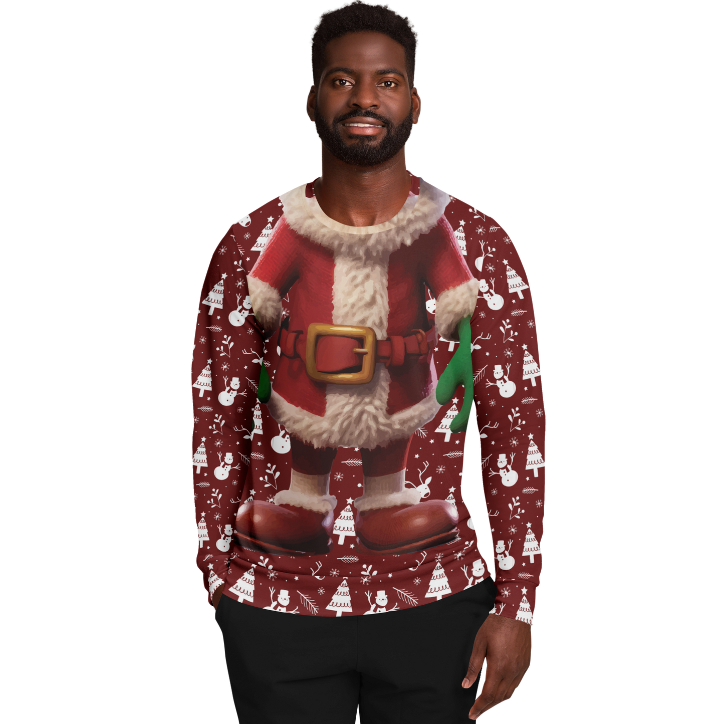 Male model wearing Santa Sweatshirt highlighting Christmas suit design