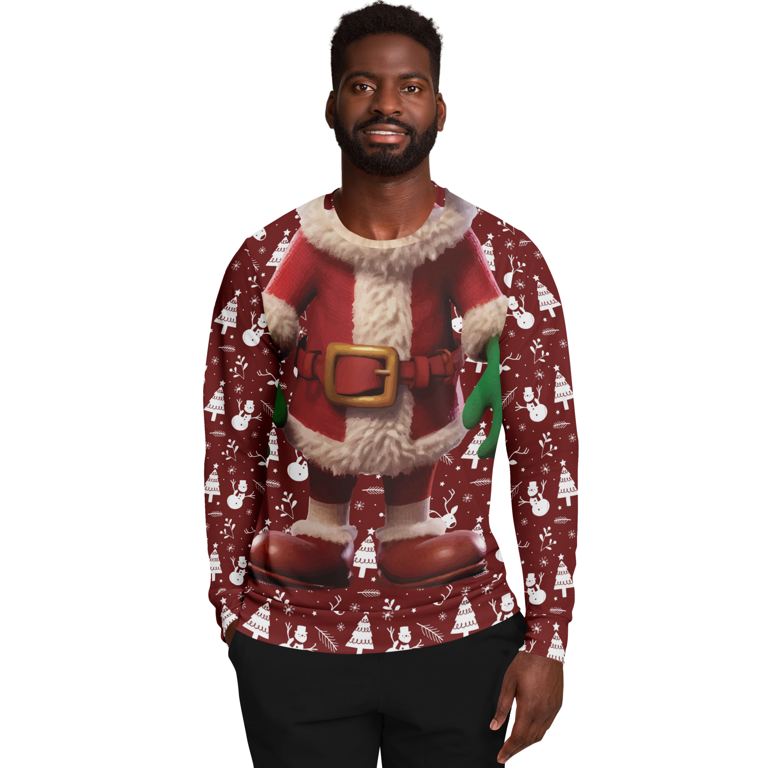 Male model wearing Santa Sweatshirt highlighting Christmas suit design