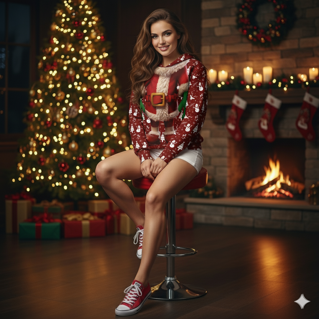 Woman wearing a festive sweater sitting on a stool in a Christmas-themed room with a tree and fireplace.