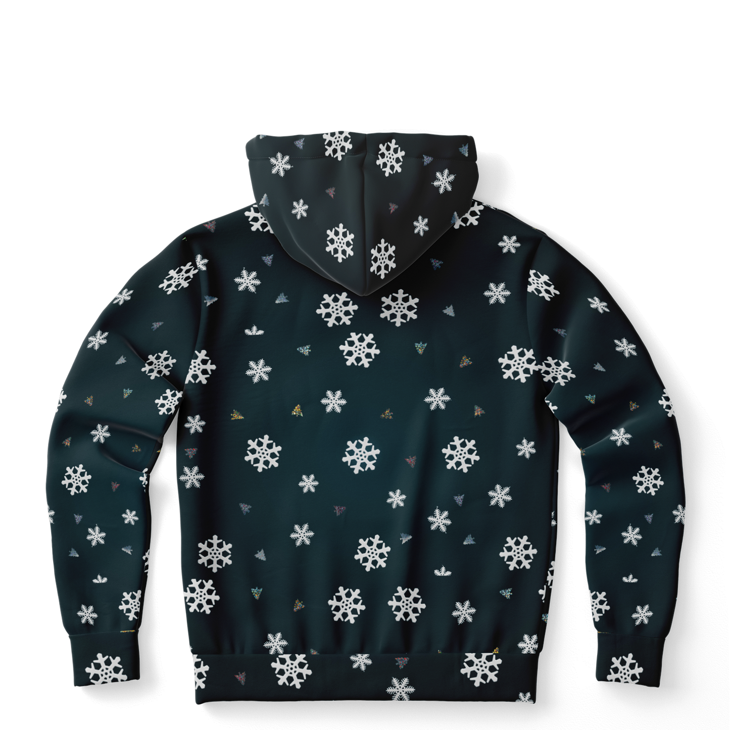 Back view of Snowy Christmas Hoodie with all-over snowflake design