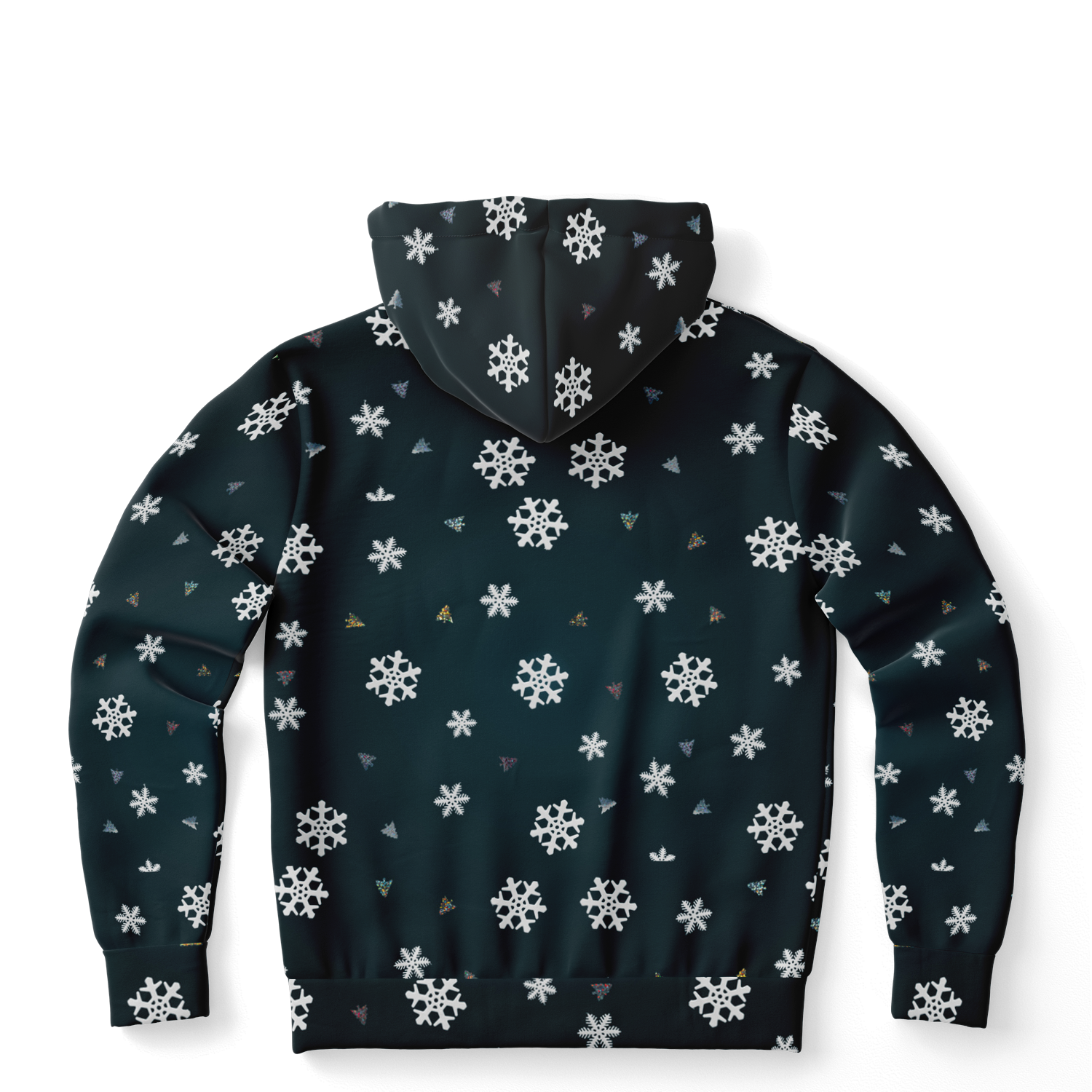 Back view of Snowy Christmas Hoodie with all-over snowflake design