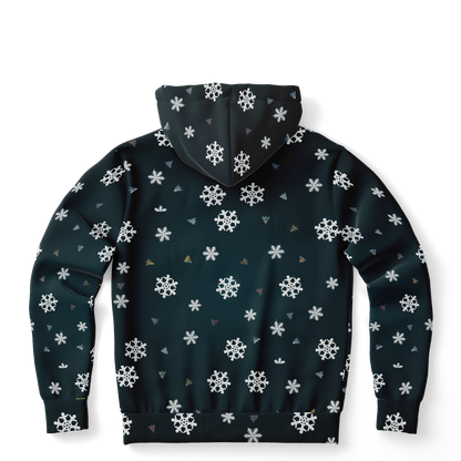 Back view of Snowy Christmas Hoodie with all-over snowflake design