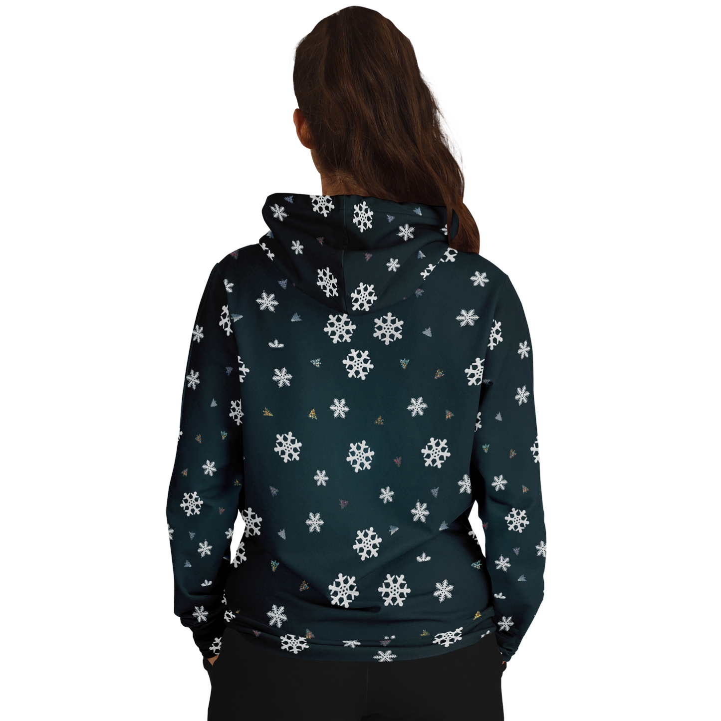 Female Model wearing Snowy Christmas Hoodie showing back with snowflake detail