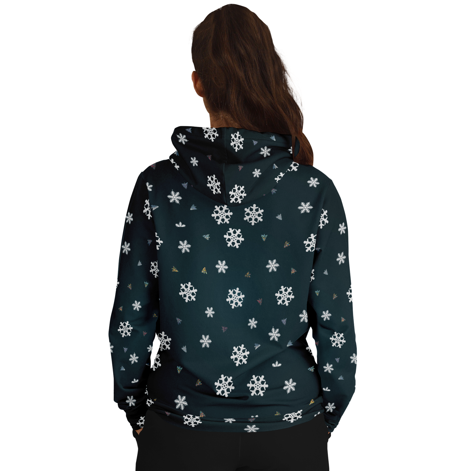 Female Model wearing Snowy Christmas Hoodie showing back with snowflake detail