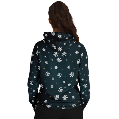 Female Model wearing Snowy Christmas Hoodie showing back with snowflake detail
