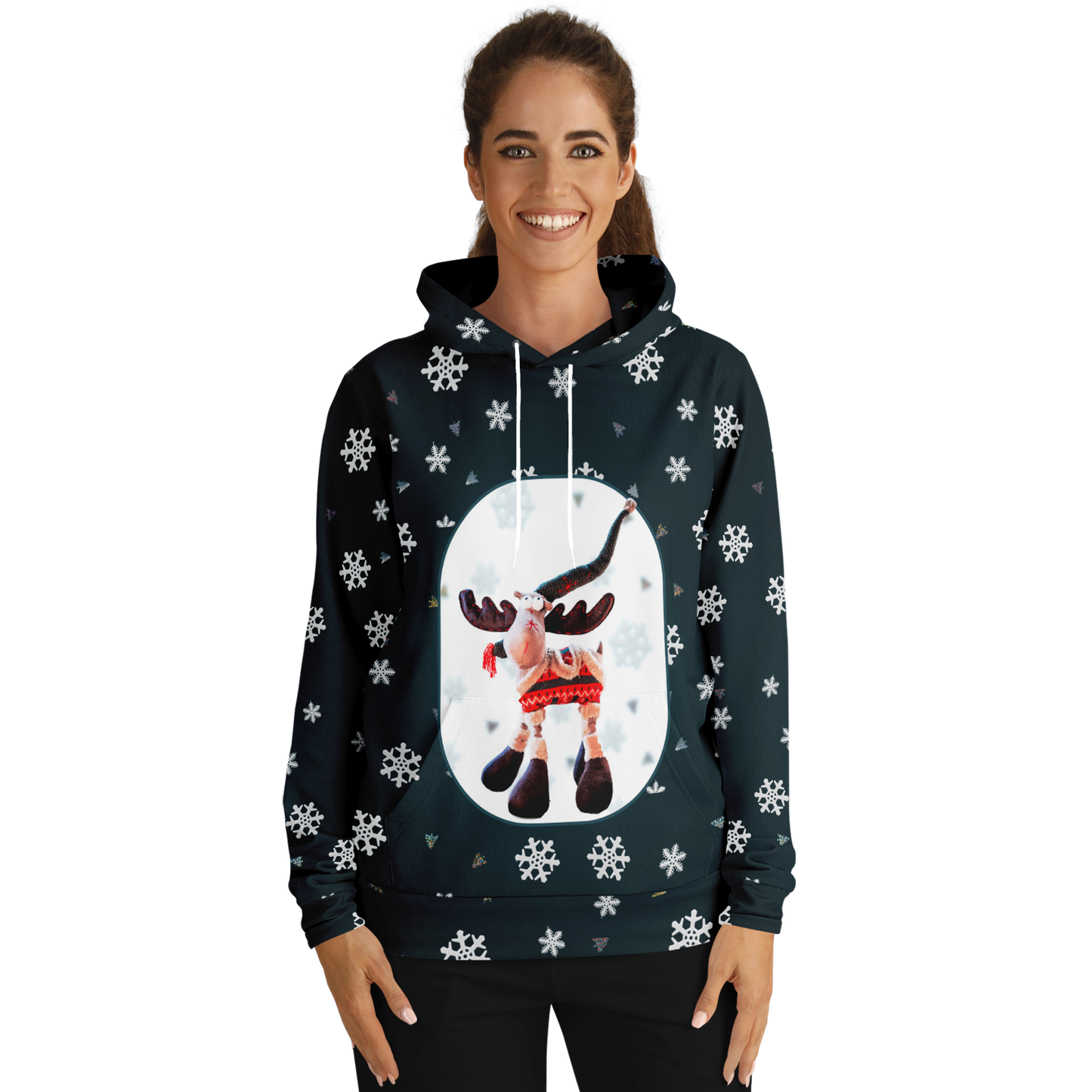 Female model wearing Snowy Christmas Hoodie showcasing the winter reindeer print