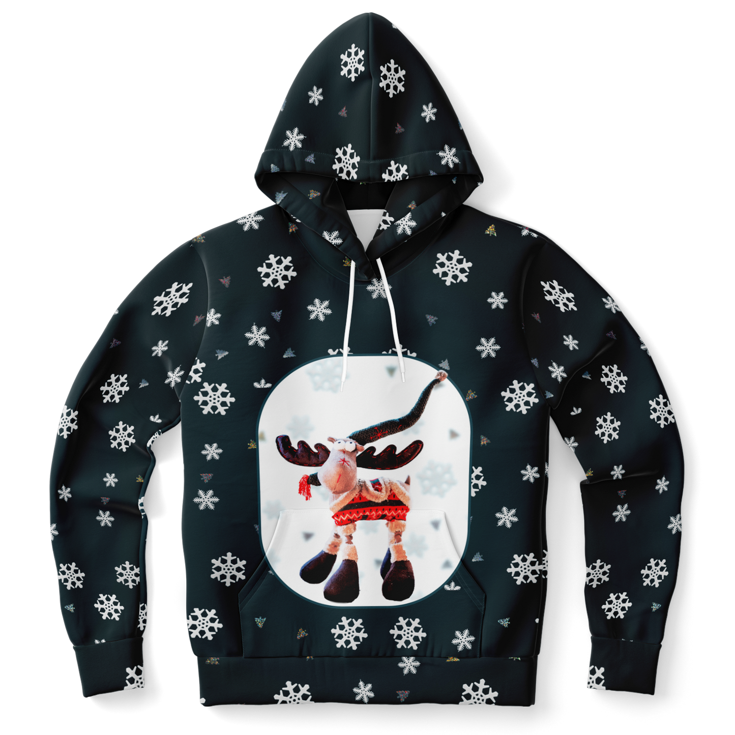 Front view of Snowy Christmas Hoodie featuring a reindeer and snowflake pattern