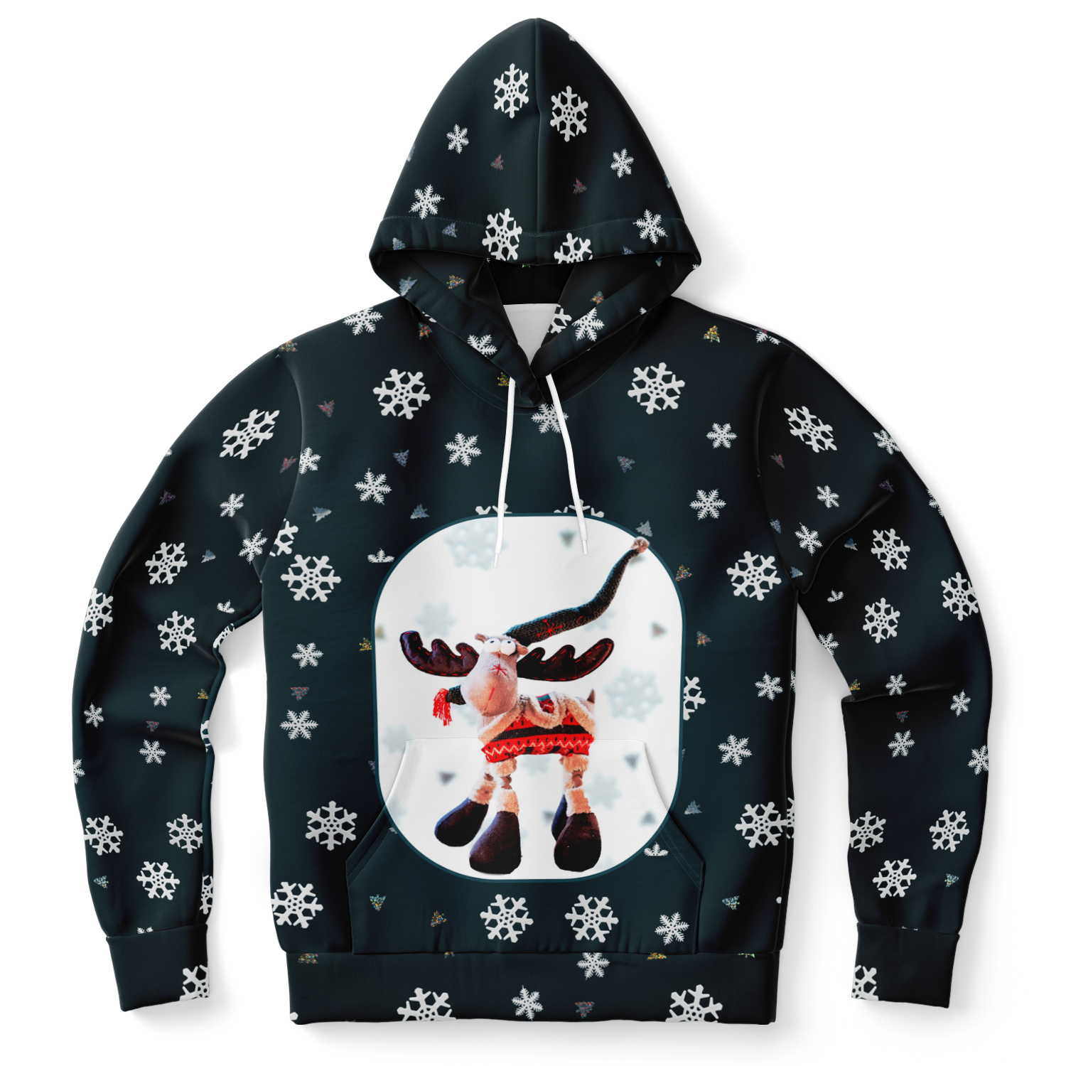 Front view of Snowy Christmas Hoodie featuring a reindeer and snowflake pattern