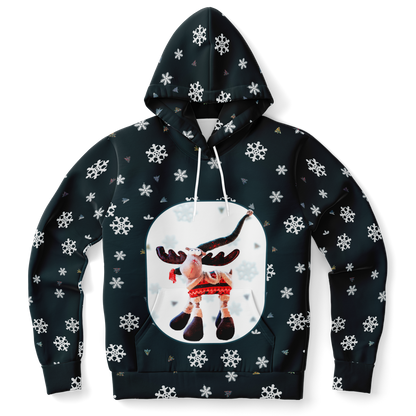 Front view of Snowy Christmas Hoodie featuring a reindeer and snowflake pattern