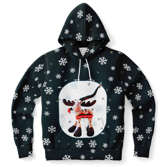 Front view of Snowy Christmas Hoodie featuring a reindeer and snowflake pattern
