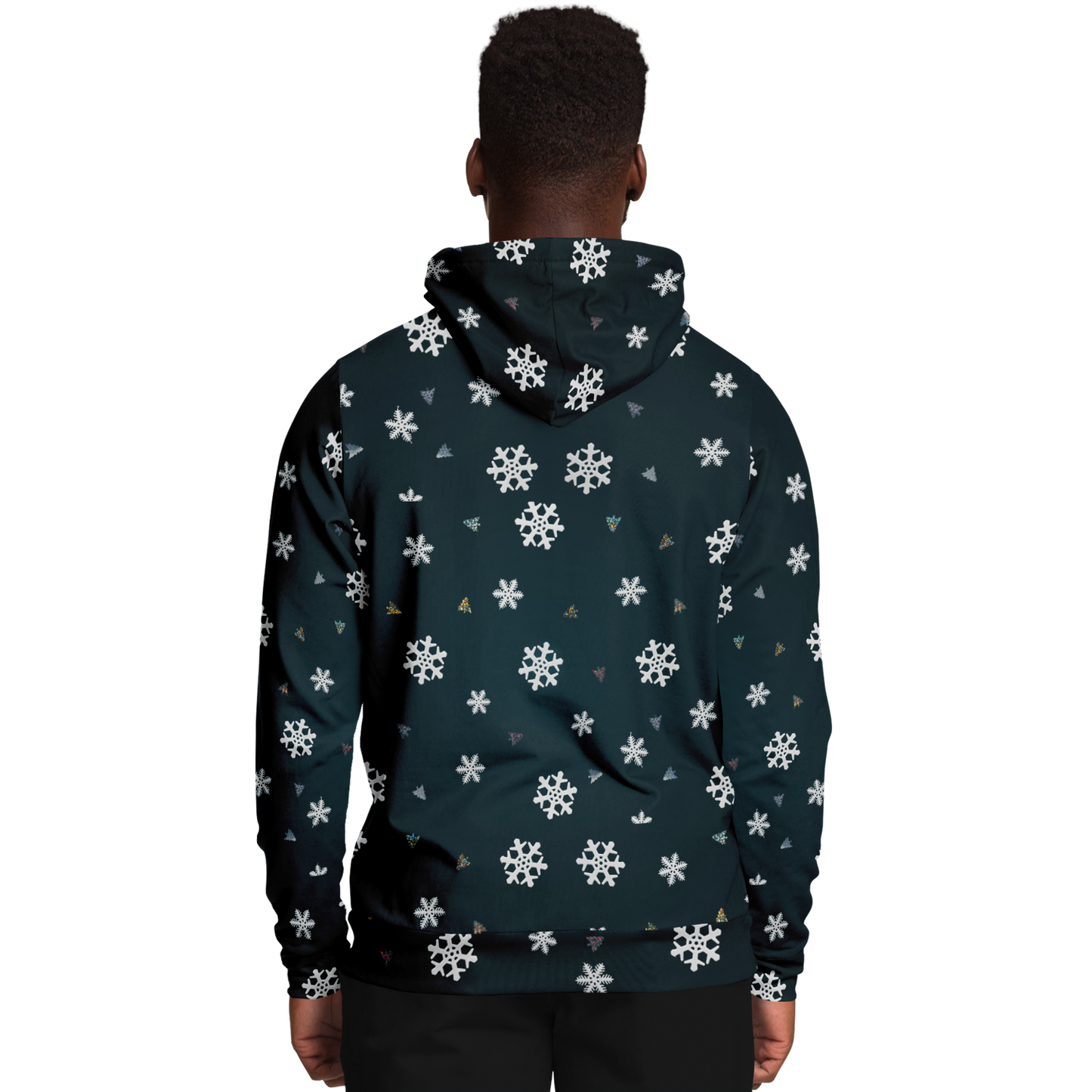 Back view of  male model wearing Snowy Christmas Hoodie with all-over snowflake design