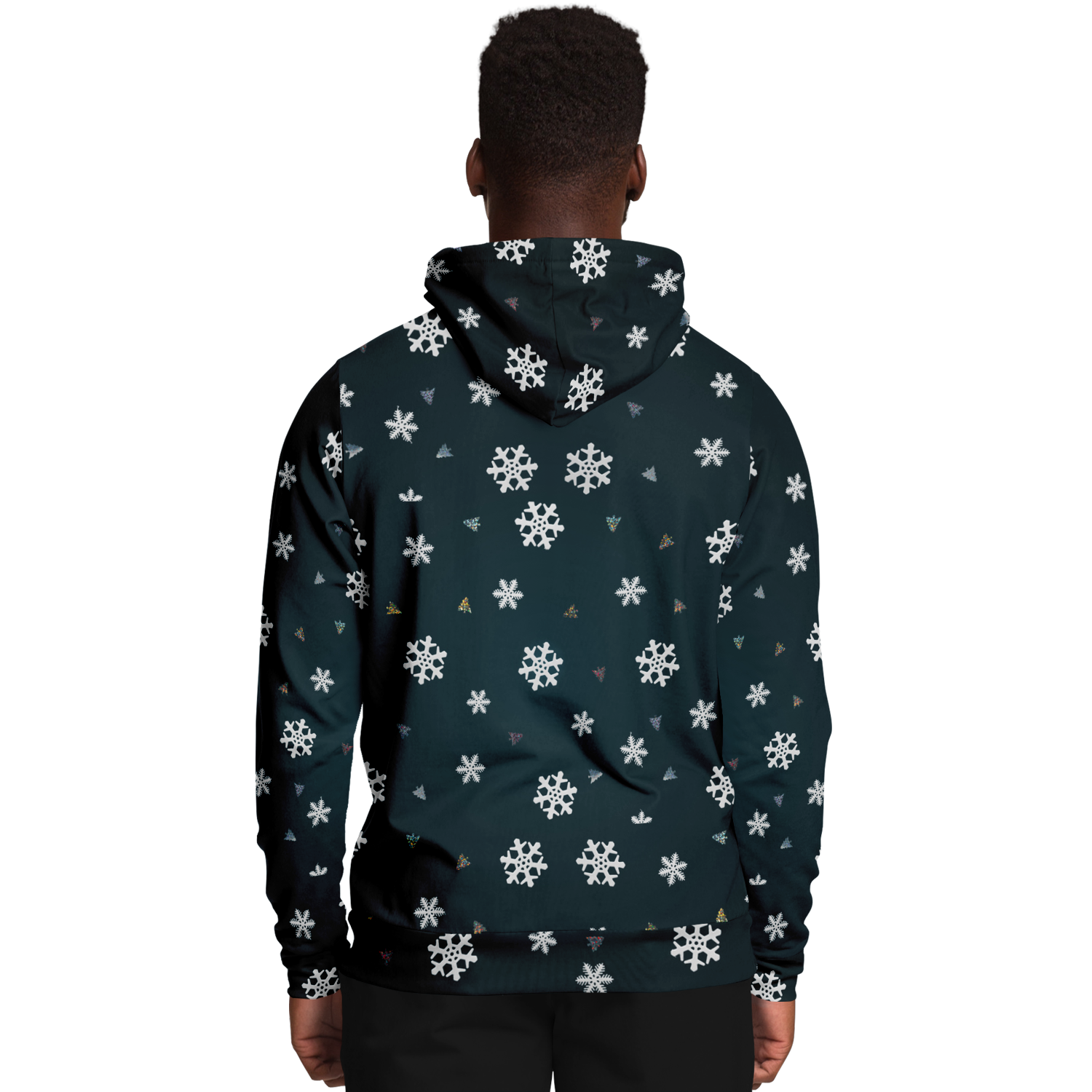 Back view of  male model wearing Snowy Christmas Hoodie with all-over snowflake design